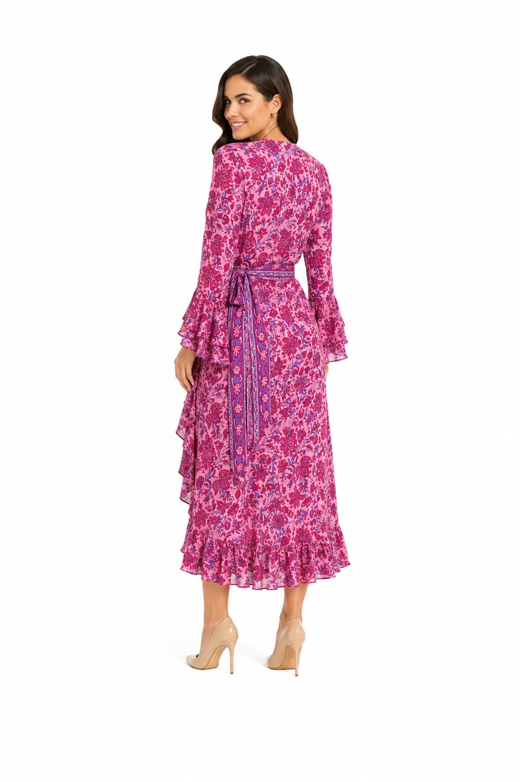 Arriendo de Vestido largo hippie con mangas fucsia con estampado de flores rosadas y moradas