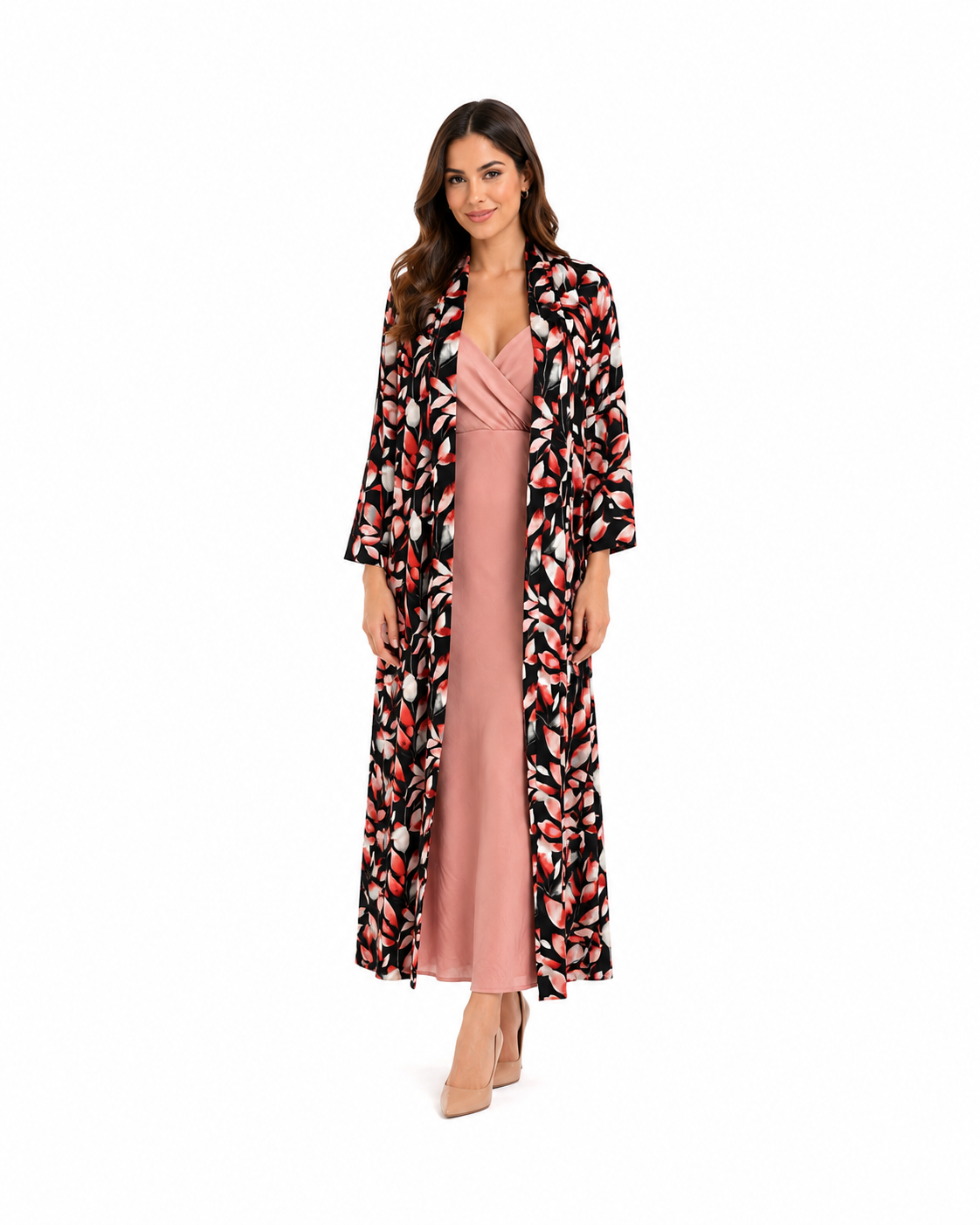 Arriendo de Kimono negro con estampado de hojas rojas con mangas