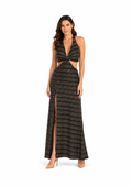 Arriendo de Vestido largo marca makia tori negro con dorado brillos con tajo adelante y cut out