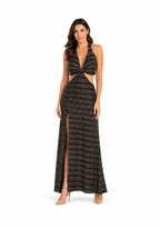 Arriendo de Vestido largo marca makia tori negro con dorado brillos con tajo adelante y cut out