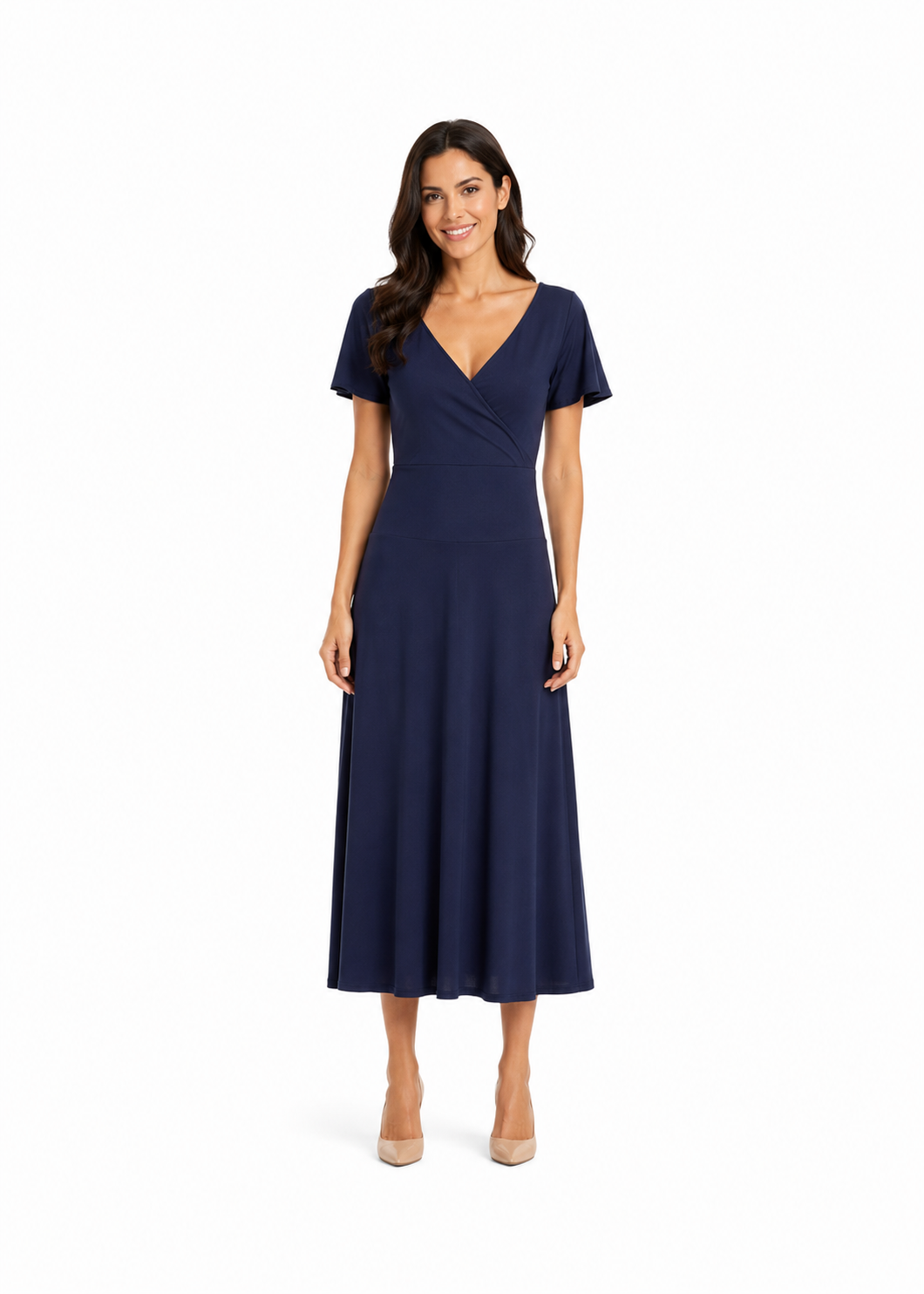 Arriendo de Vestido largo azul marino con manguitas y cruzado adelante lycra gruesa