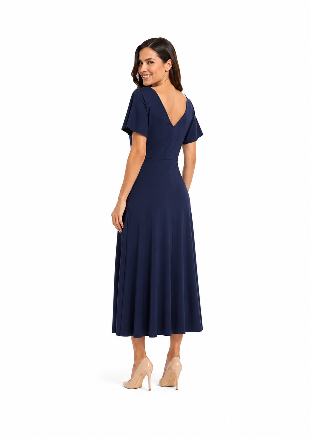 Arriendo de Vestido largo azul marino con manguitas y cruzado adelante lycra gruesa