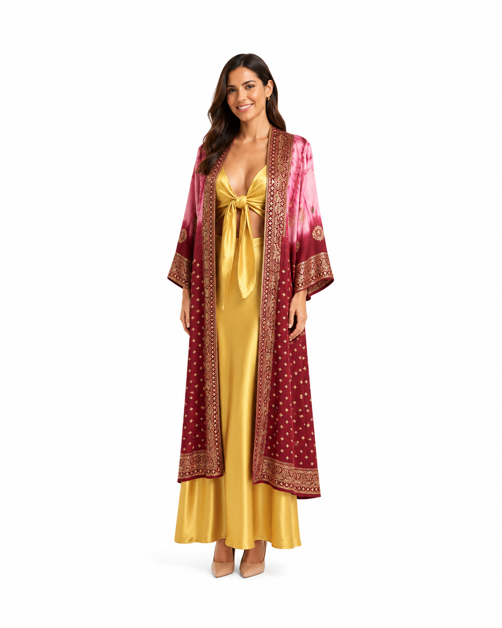 Arriendo de Kimono morado con dorado tipo indú
