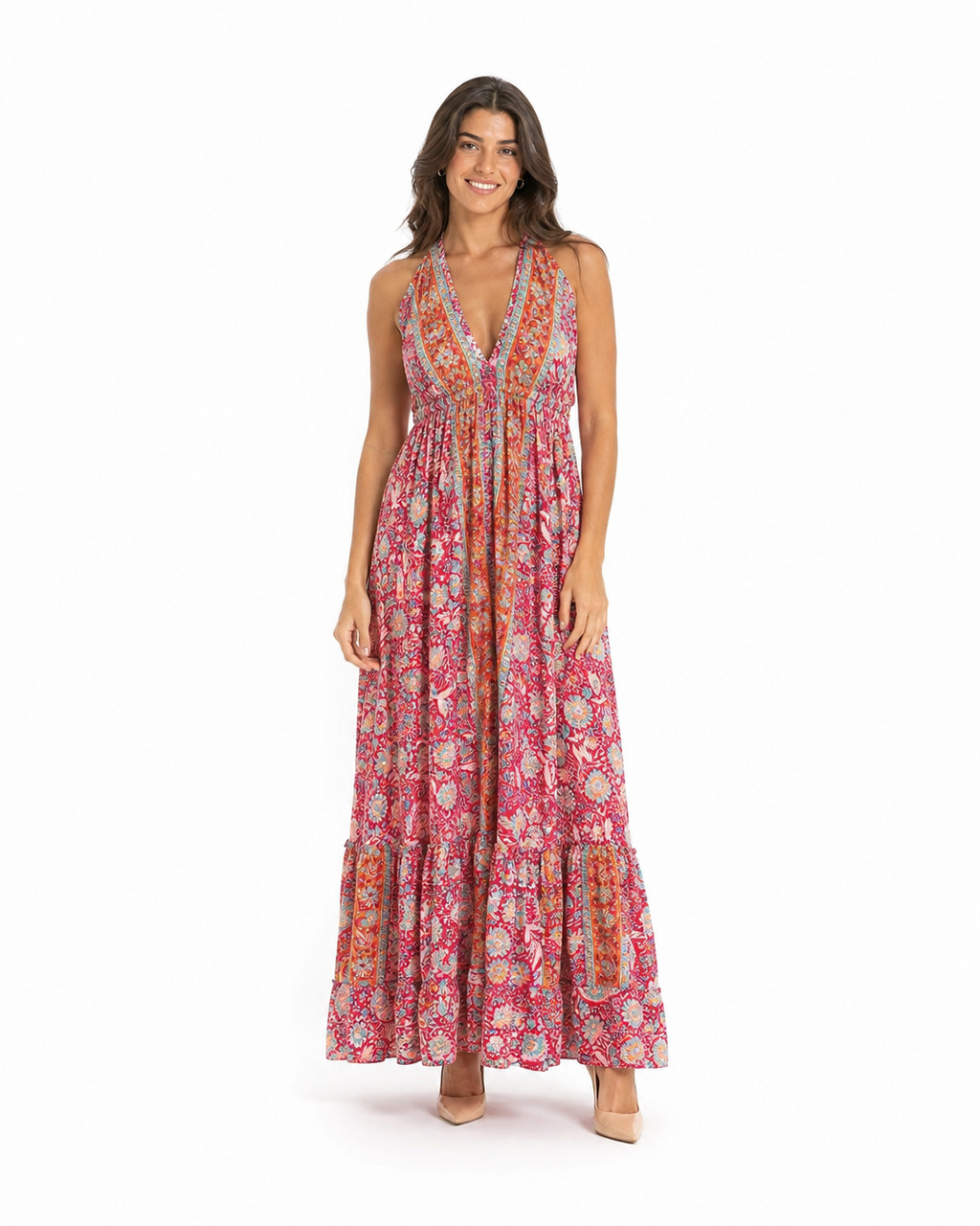 Arriendo de vestido largo estampado marca Manvi