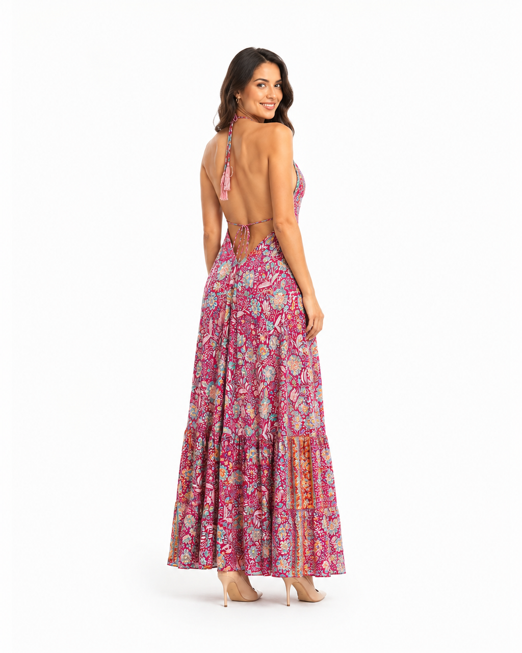 Arriendo de vestido largo estampado marca Manvi