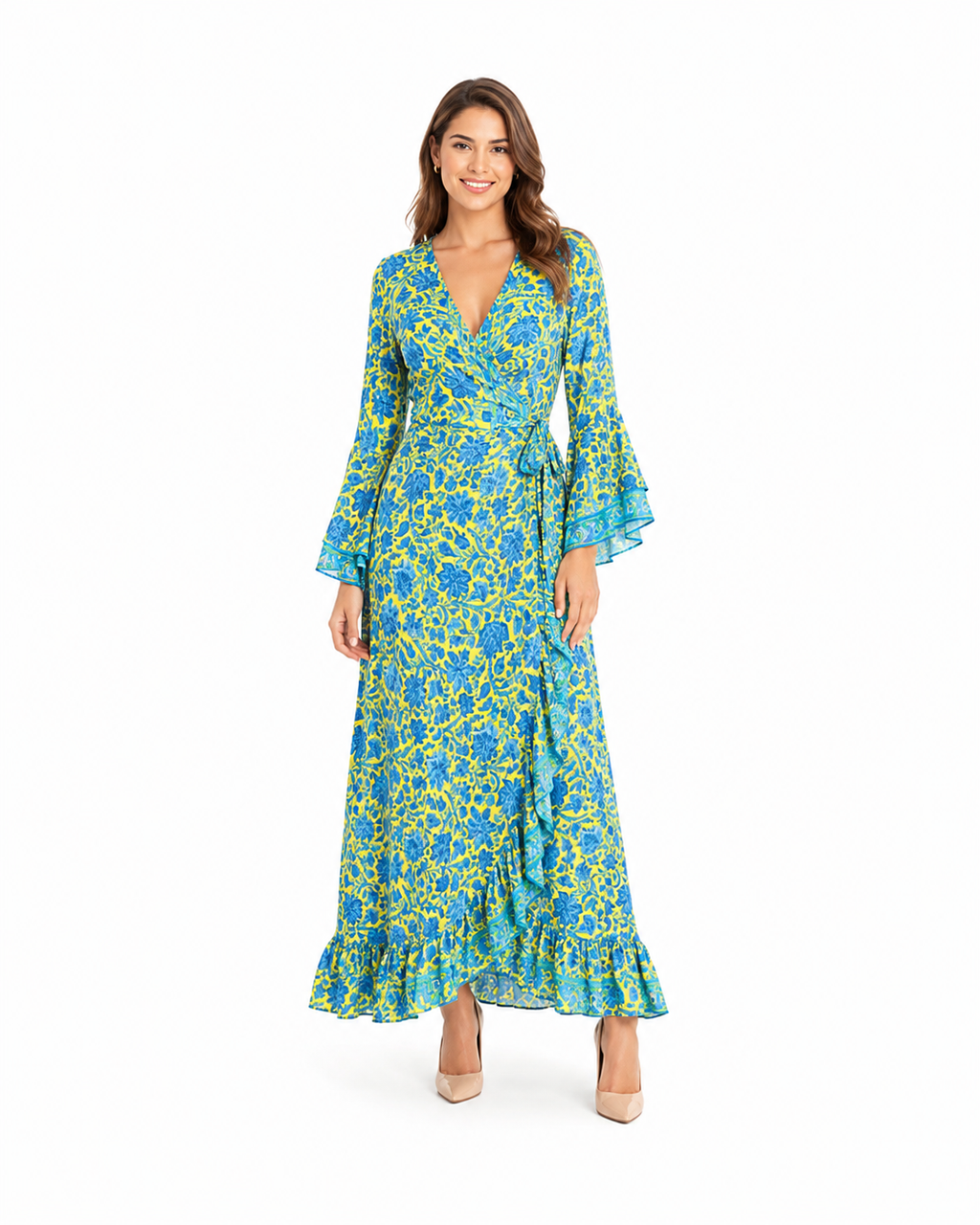 Arriendo de vestido largo hippie con mangas verde limon estampado