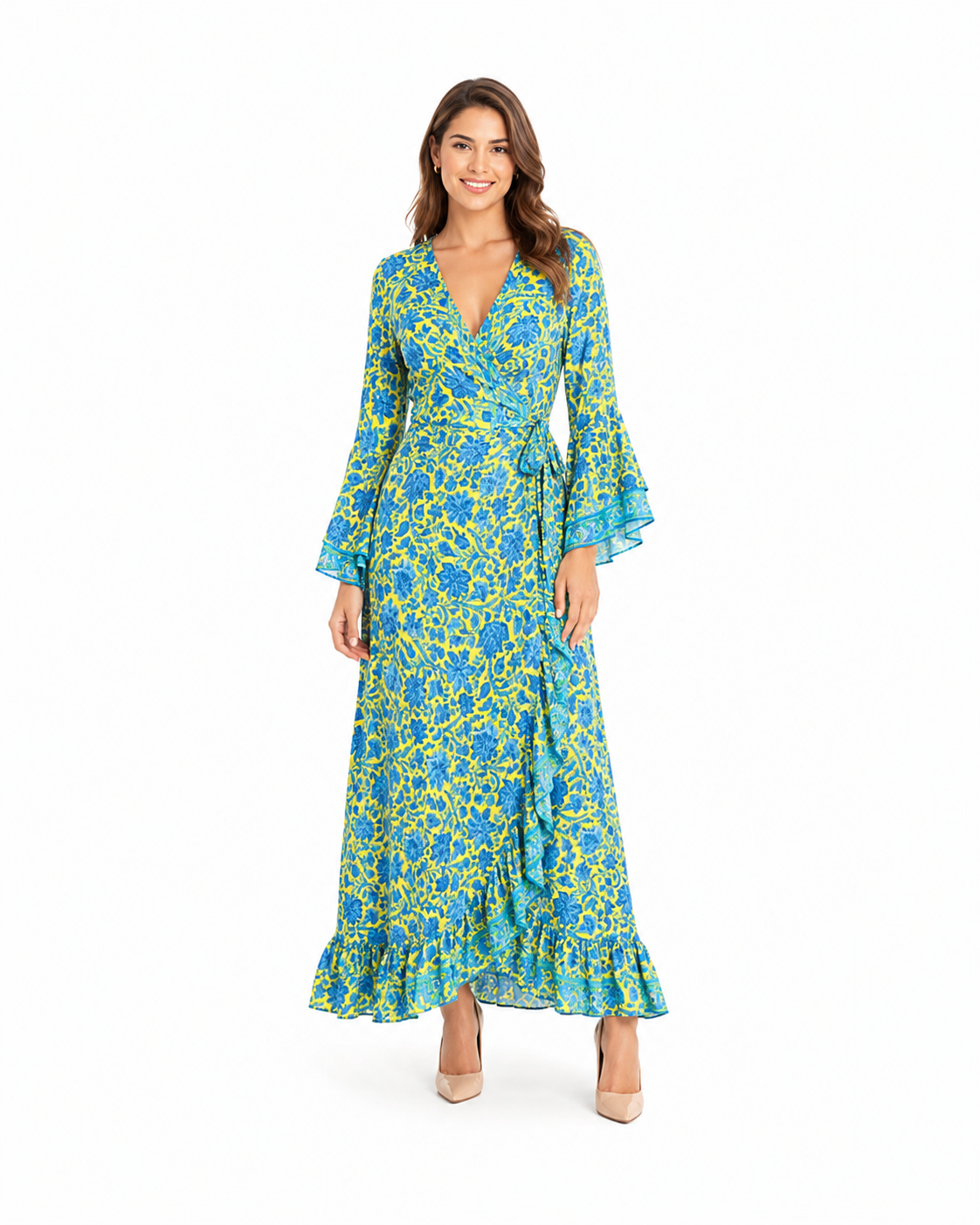 Arriendo de vestido largo hippie con mangas verde limon estampado