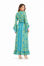 Arriendo de vestido largo hippie con mangas verde limon estampado