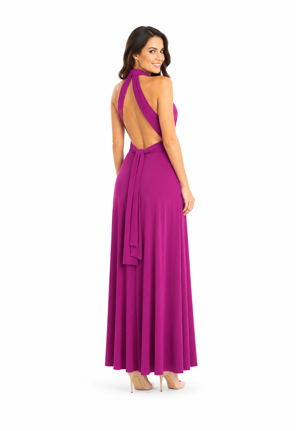 Arriendo de vestido largo multiforma morado intenso