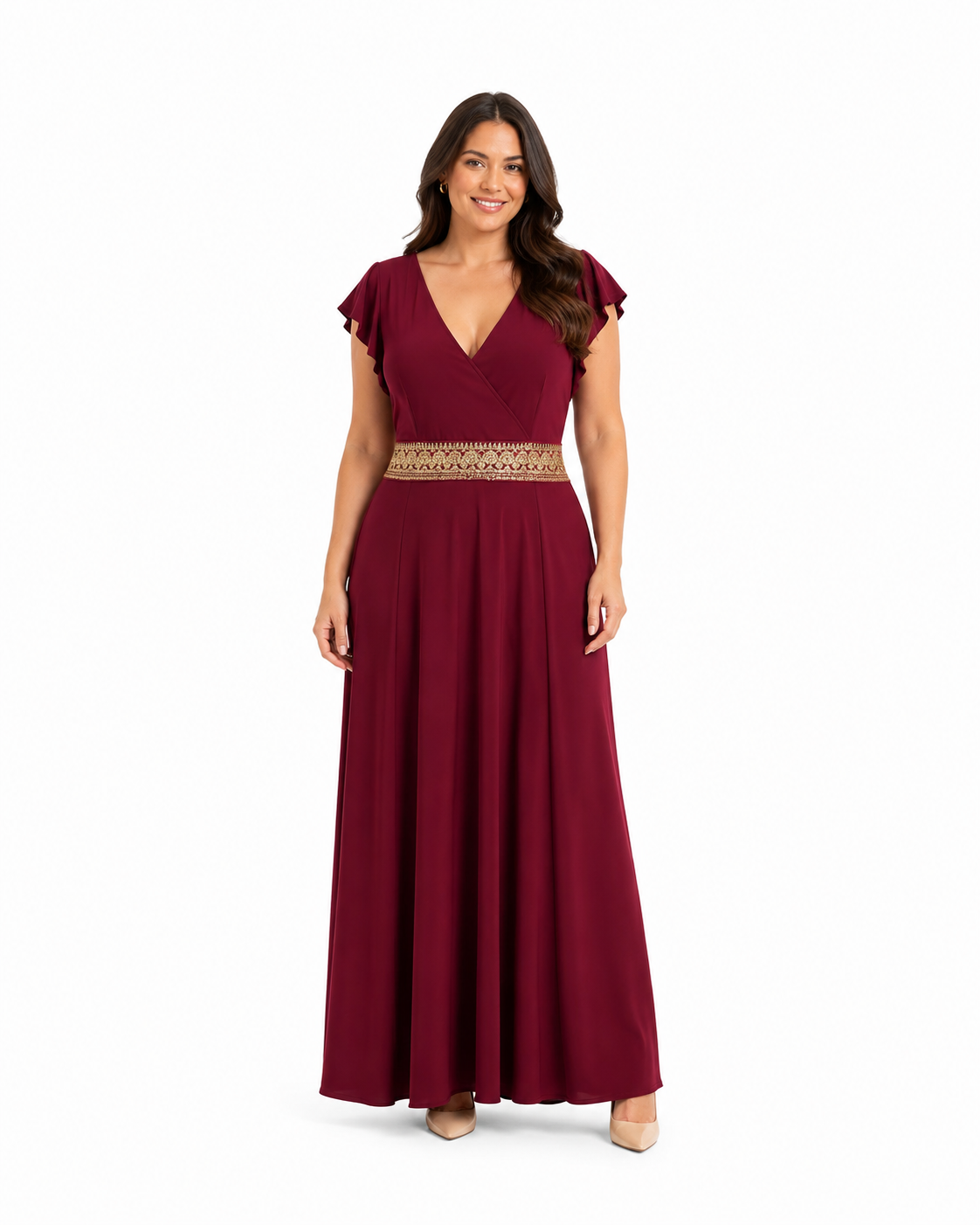 Arriendo de vestido largo burdeo con cinturon dorado indu malika