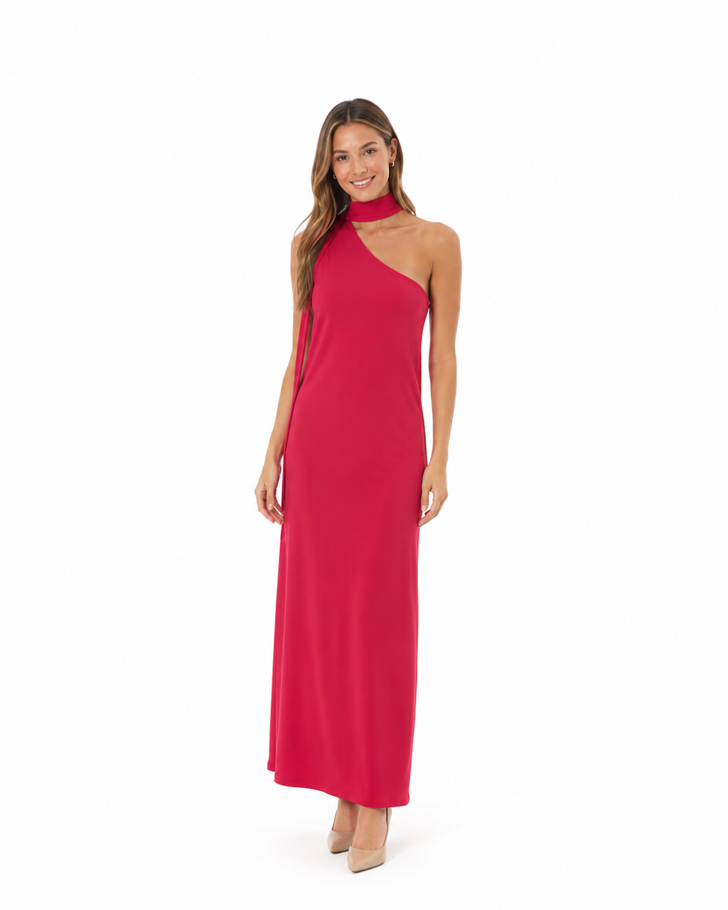 Arriendo de vestido largo fucsia con tira al cuello y breteles ajustables