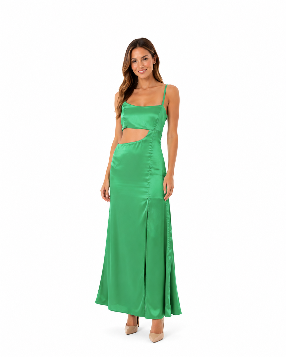 Arriendo de vestido largo verde asimétrico