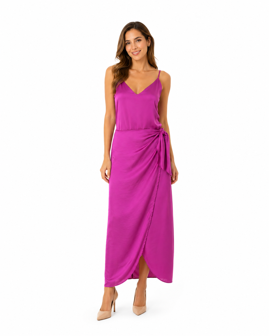 Arriendo de vestido largo magenta fucsia con amarre pareo