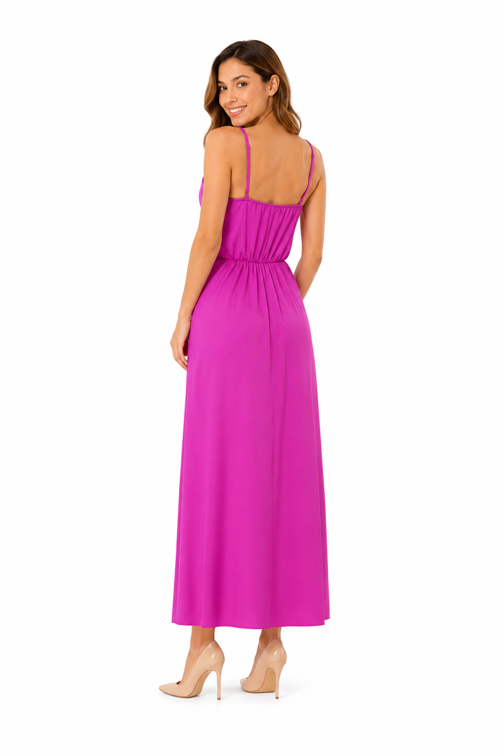 Arriendo de vestido largo magenta fucsia con amarre pareo