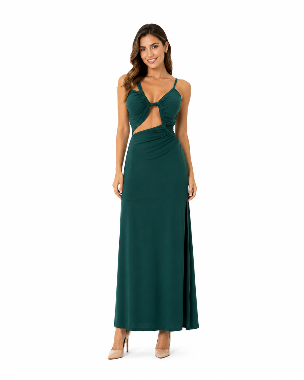 Arriendo de vestido verde botella largo asimétrico