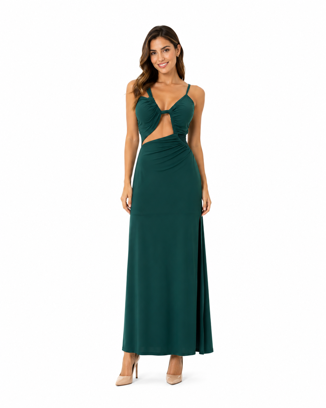 Arriendo de vestido verde botella largo asimétrico