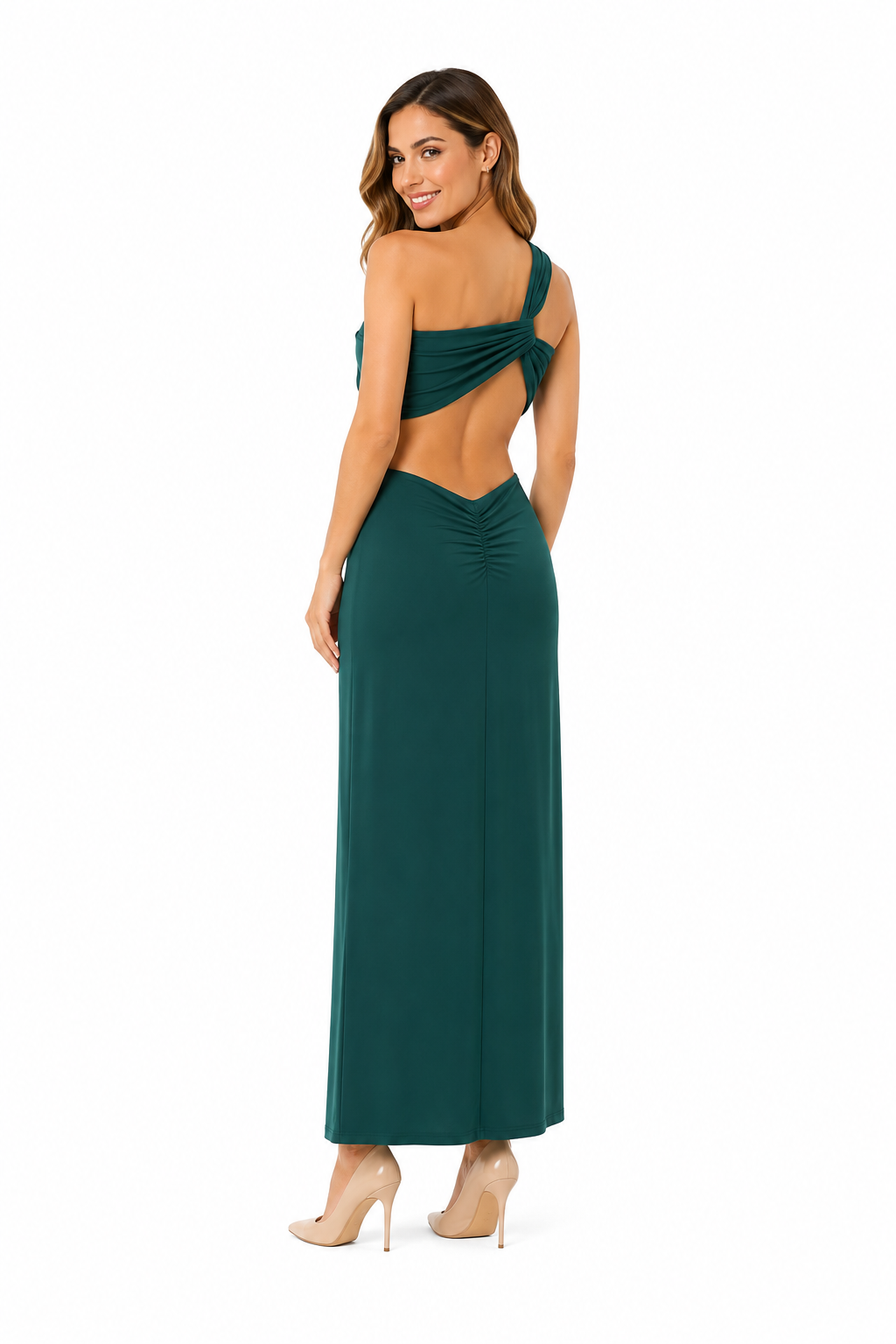 Arriendo de vestido verde botella largo asimétrico