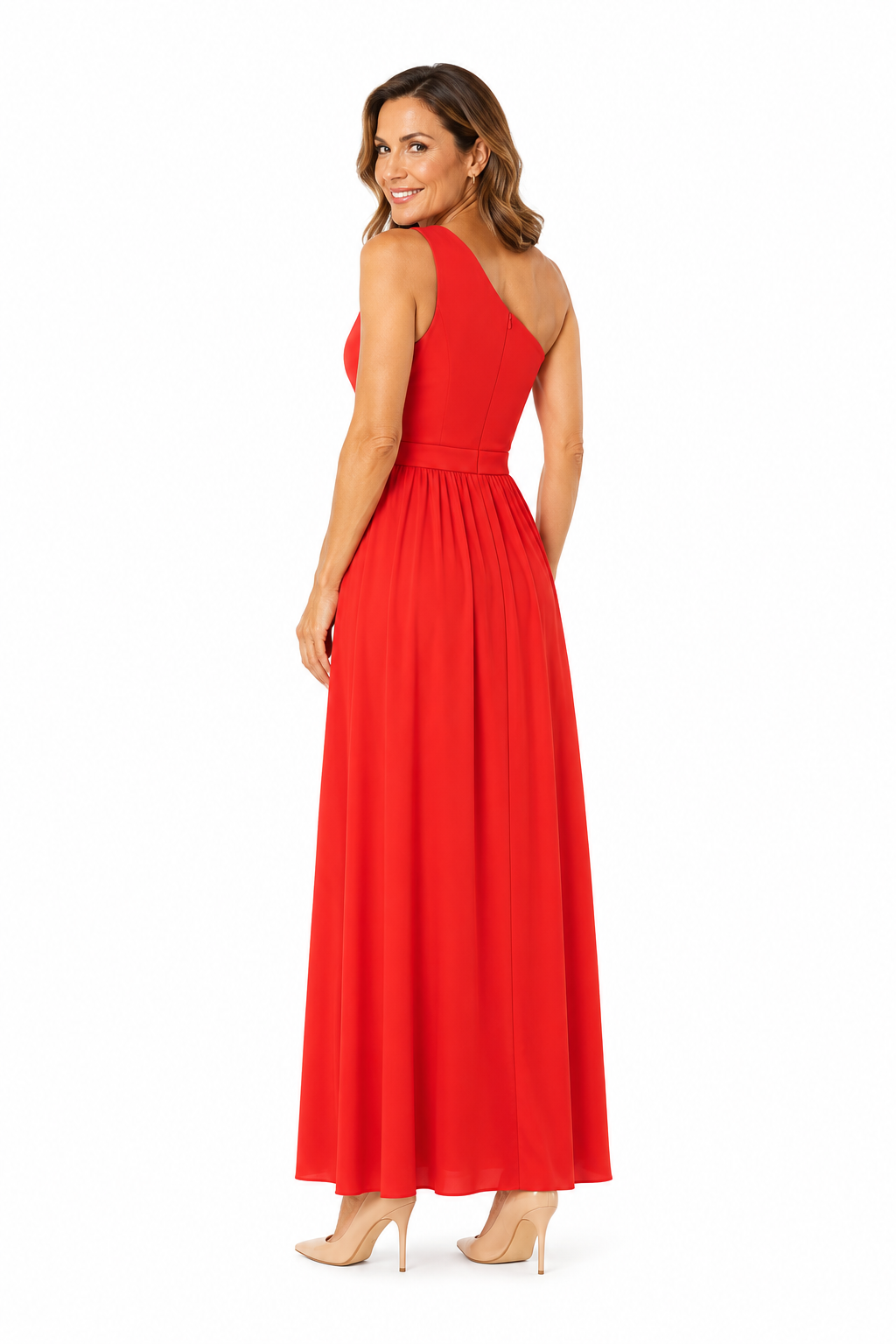 Arriendo de vestido largo color coral de gasa