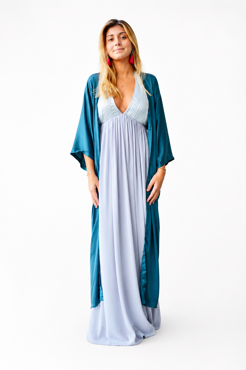Arriendo de Kimono largo color petróleo de seda