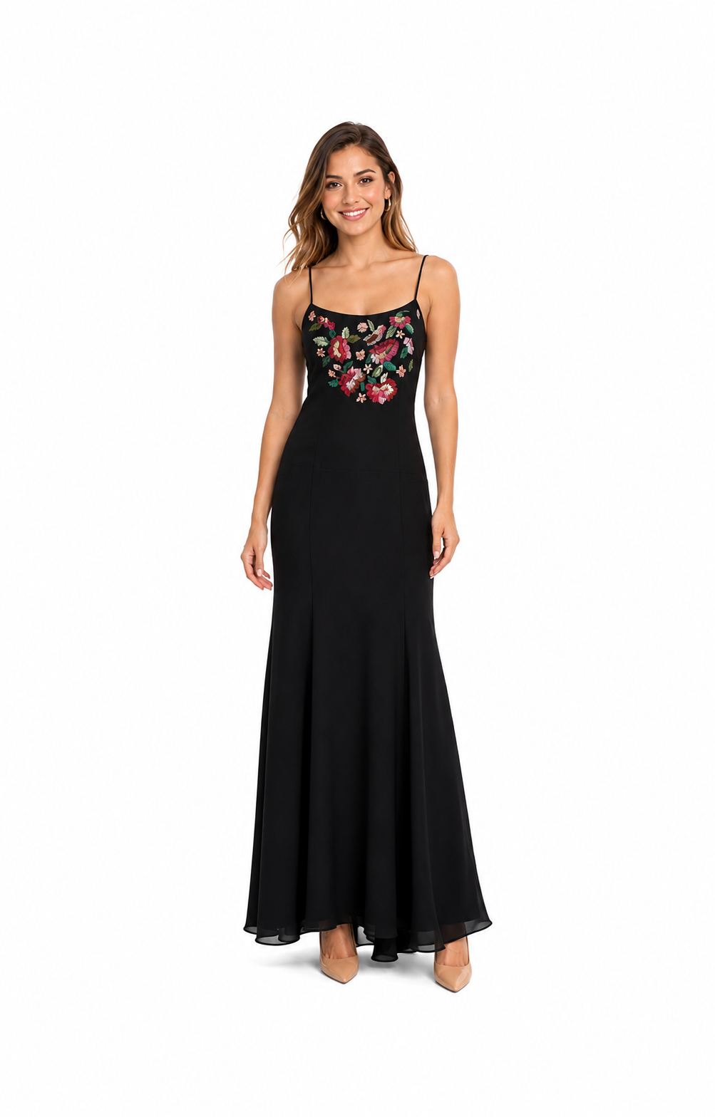 Arriendo de vestido largo negro con bordado de colores marca Debut
