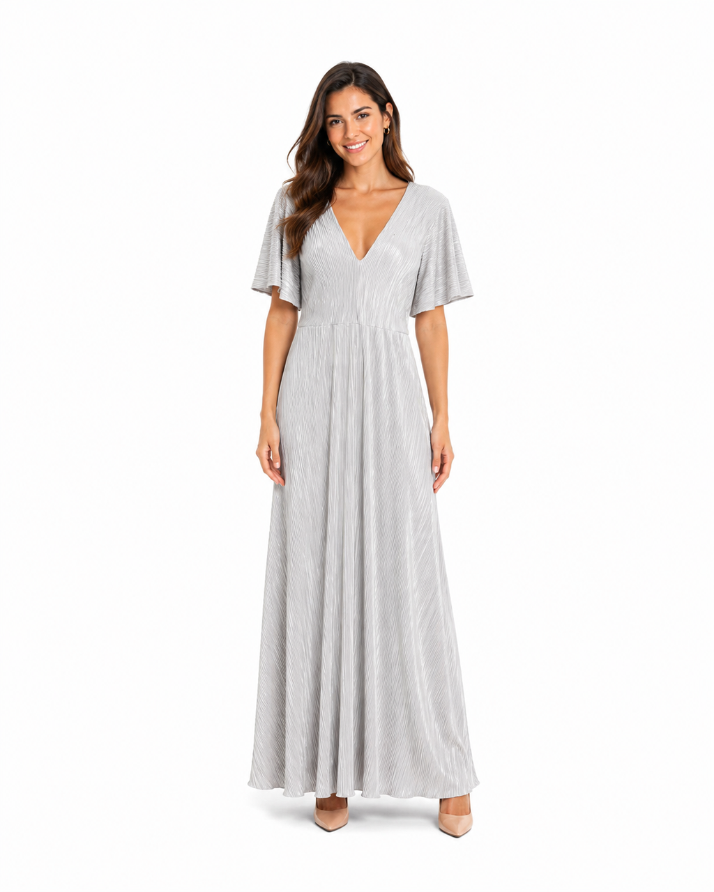 Arriendo de vestido largo plateado cuello en v