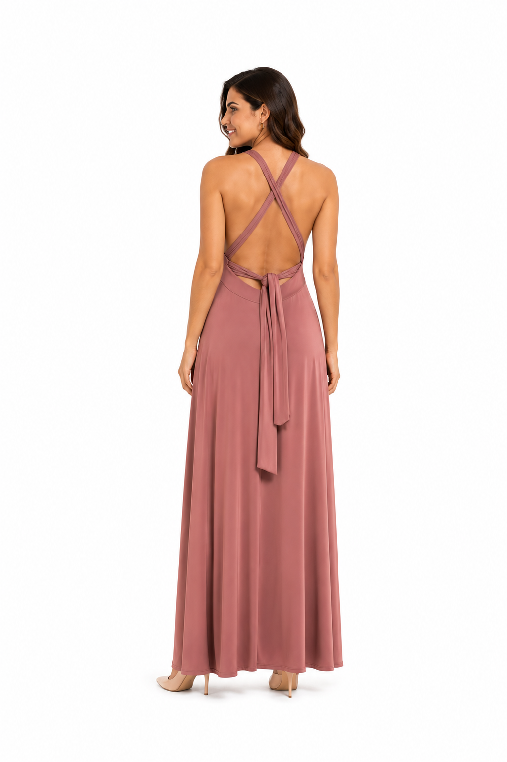 Arriendo de vestido largo rosado claro multiforma