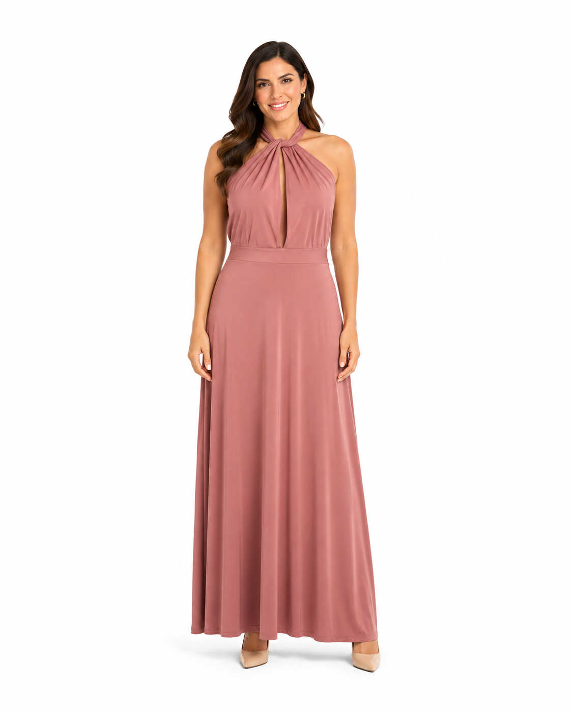Arriendo de vestido largo rosado claro multiforma