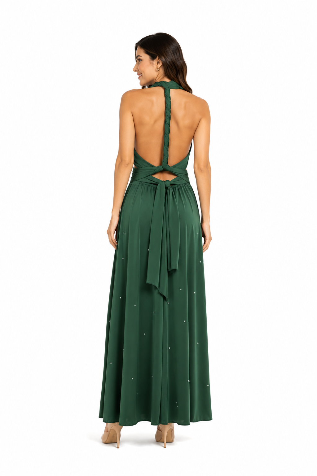 Arriendo de vestido largo verde oscuro armable