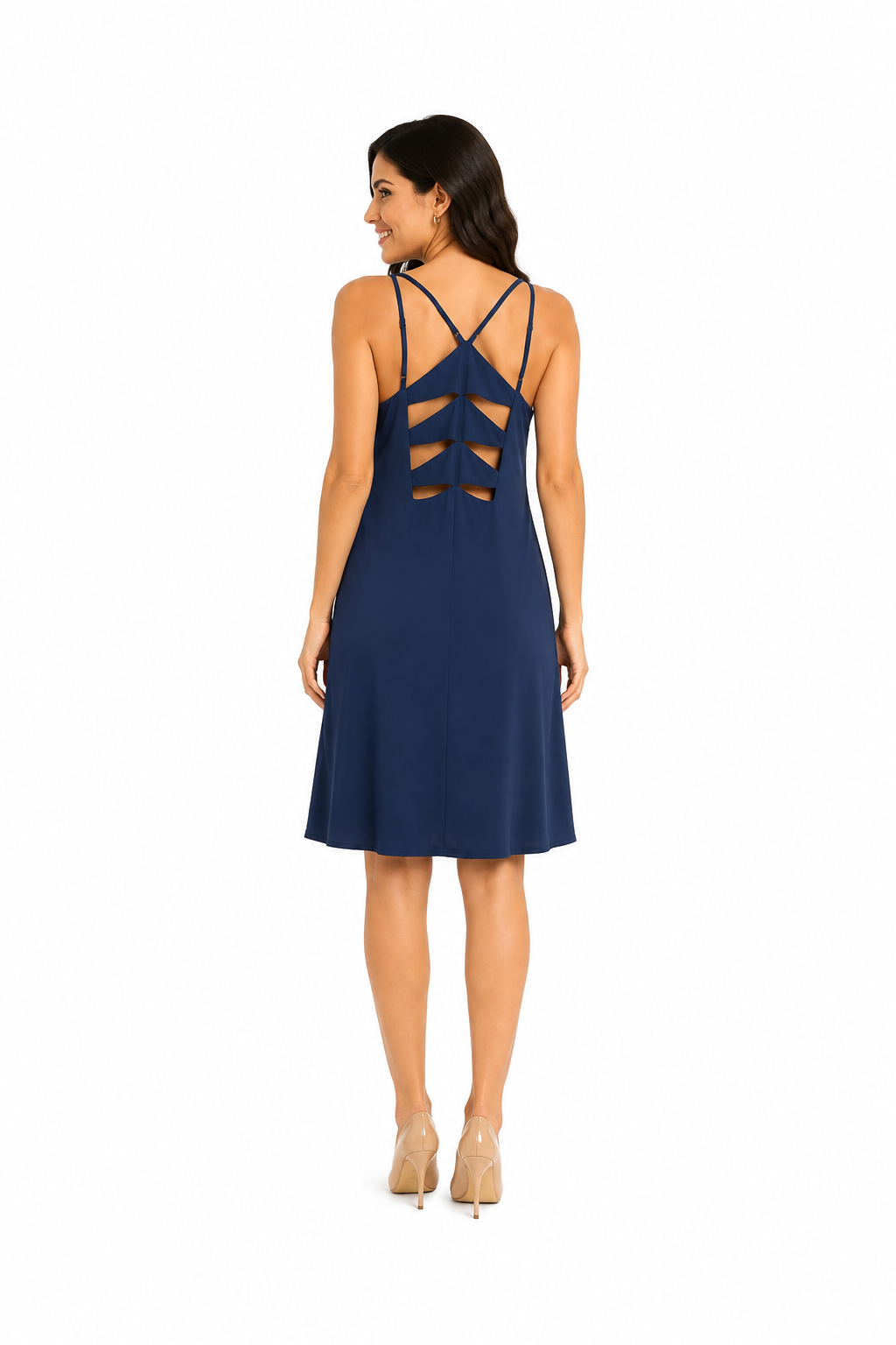 Arriendo de vestido corto azul oscuro con flores doradas marca debut