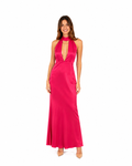 Arriendo de vestido fucsia largo de seda con espalda drapeada, escote en V tira cuello