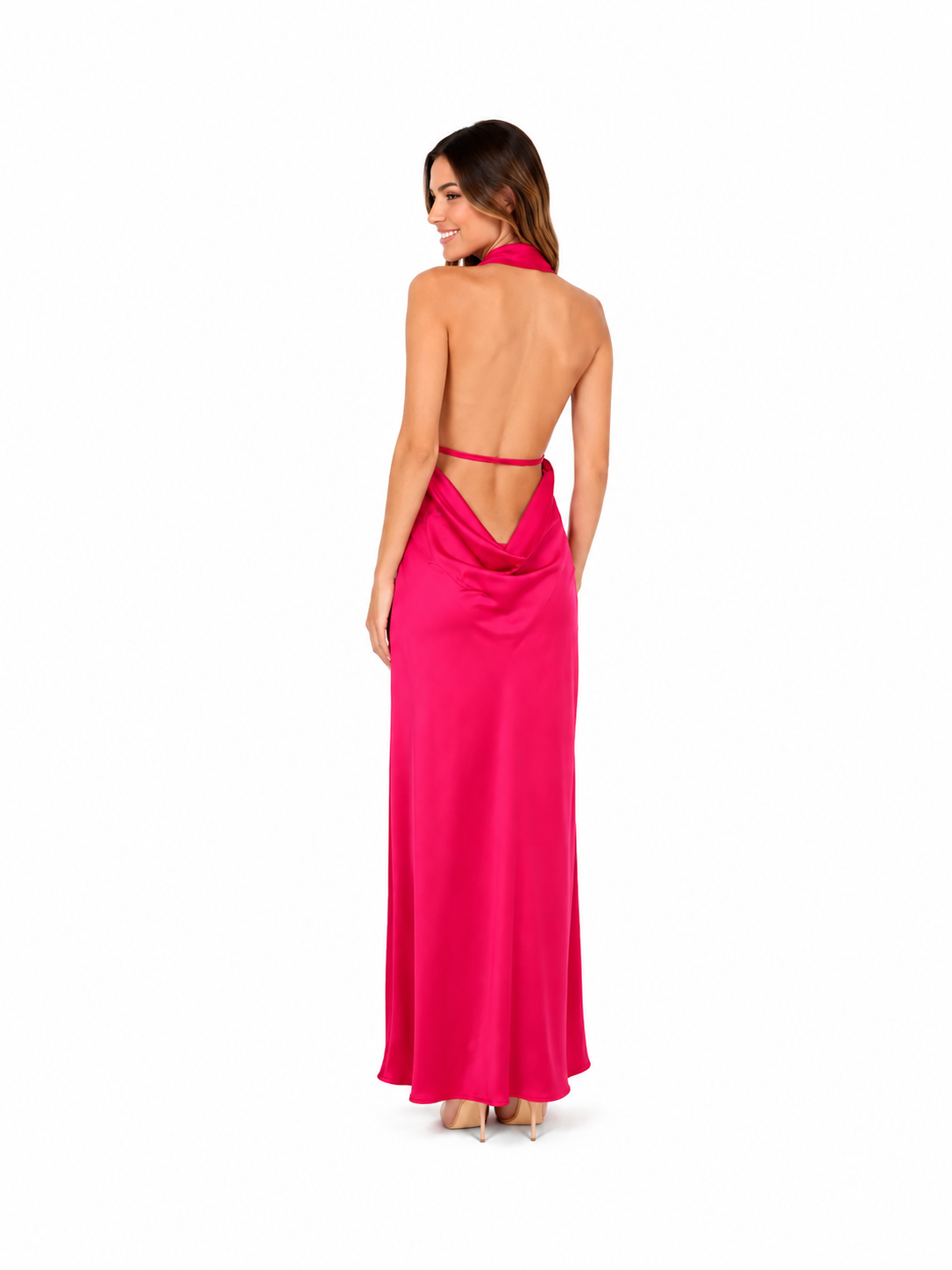 Arriendo de vestido fucsia largo de seda con espalda drapeada, escote en V tira cuello