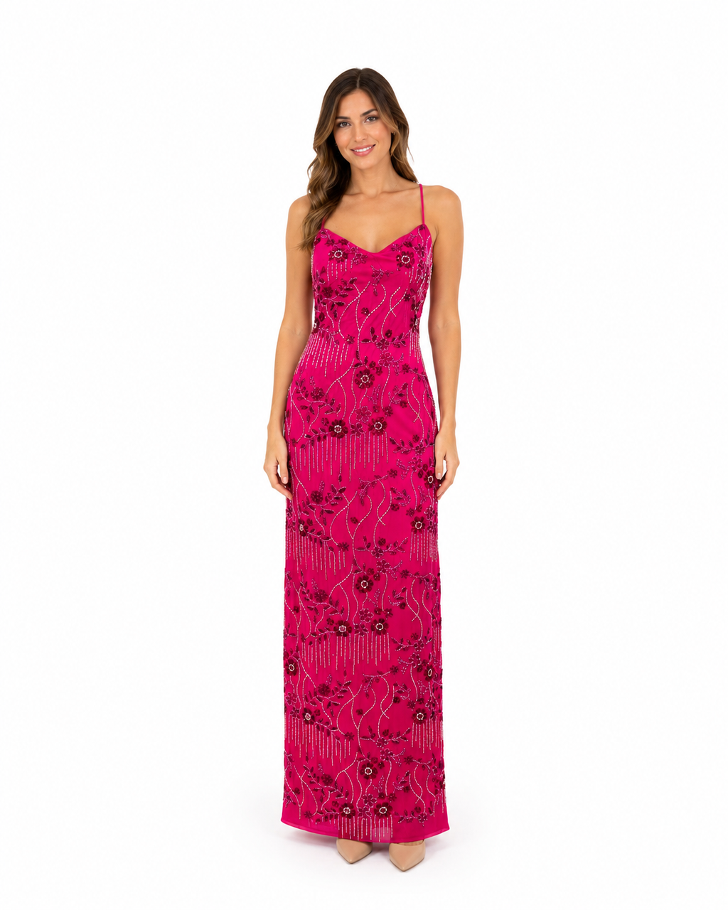 Arriendo de vestido largo fucsia con mostacillas