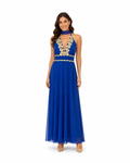 Arriendo de vestido largo azul con detalles dorados amarre al cuello