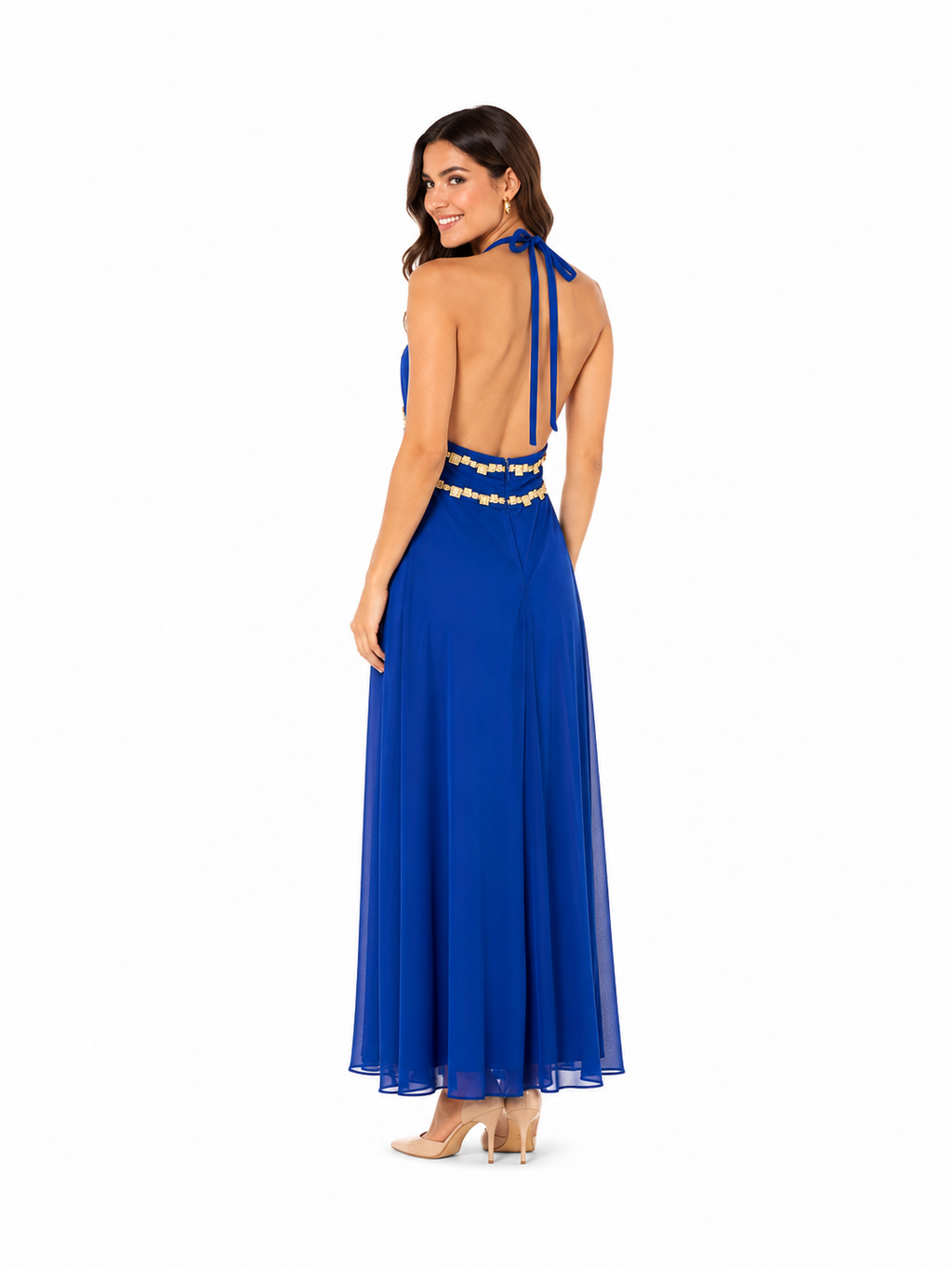 Arriendo de vestido largo azul con detalles dorados amarre al cuello