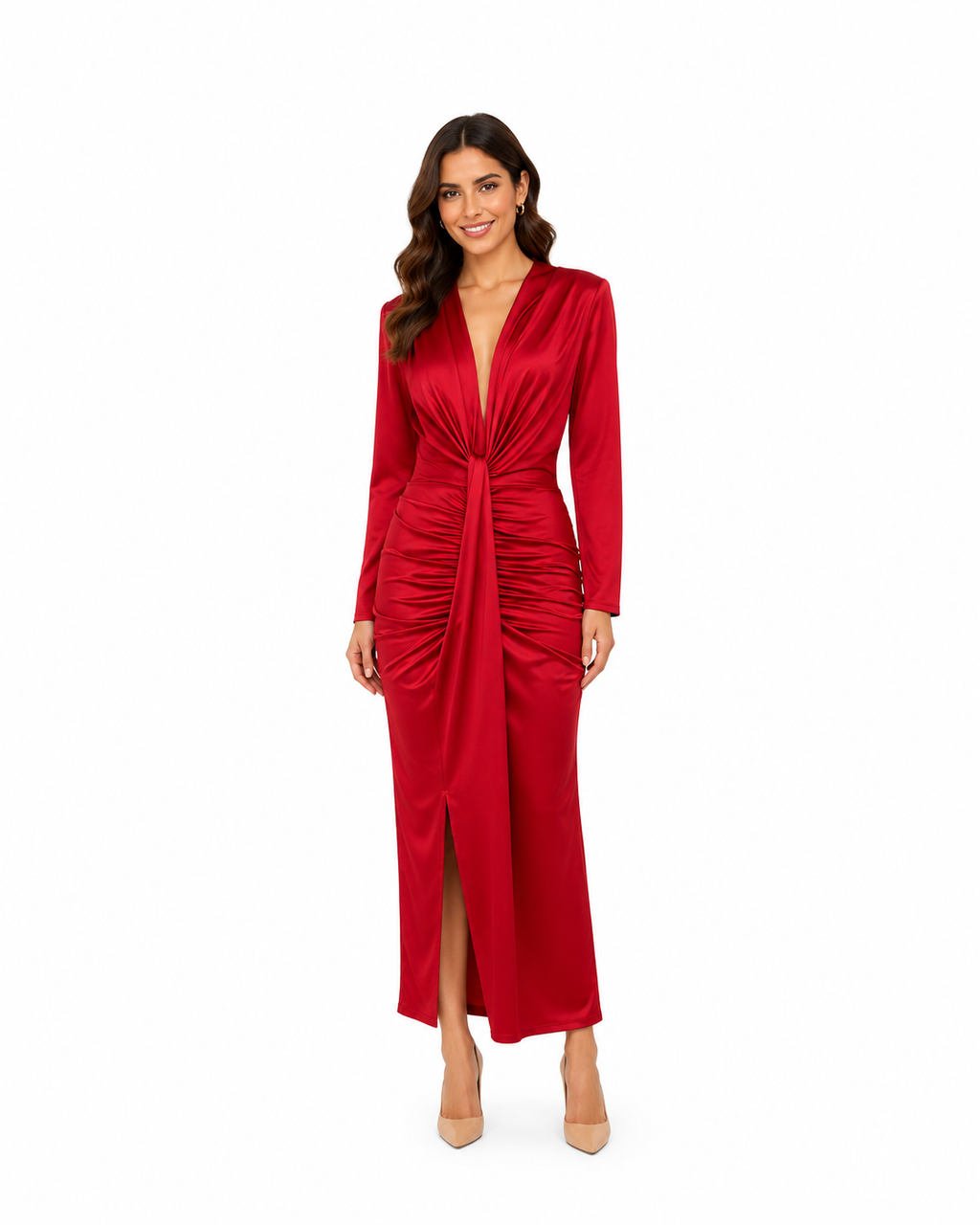 Arriendo de vestido rojo italiano largo middie con escote profundo y nudo elasticado