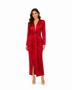 Arriendo de vestido rojo italiano largo middie con escote profundo y nudo elasticado