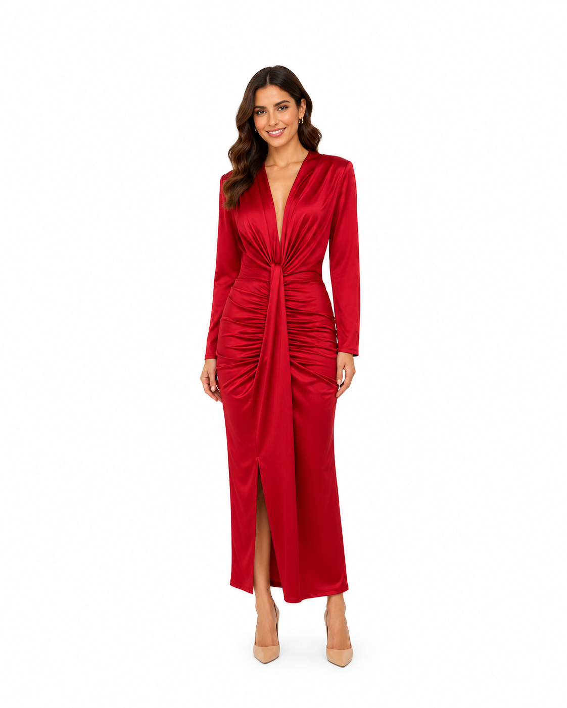 Arriendo de vestido rojo italiano largo middie con escote profundo y nudo elasticado