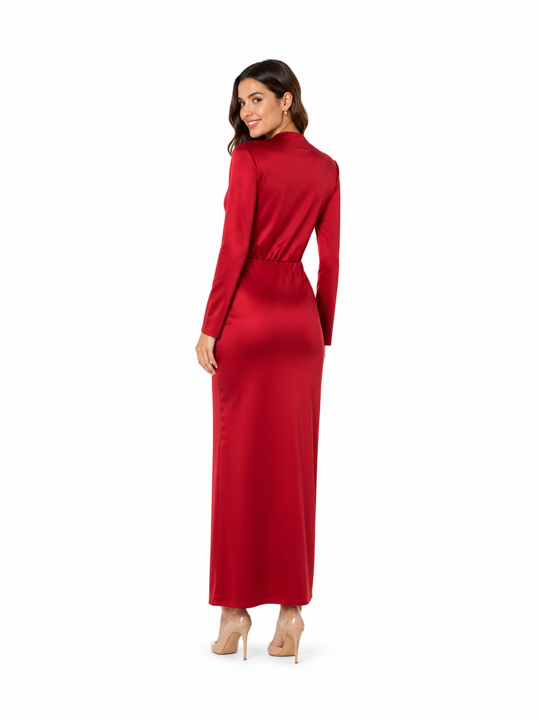 Arriendo de vestido rojo italiano largo middie con escote profundo y nudo elasticado