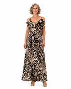 Arriendo de vestido largo animal print de gasa con vuelos