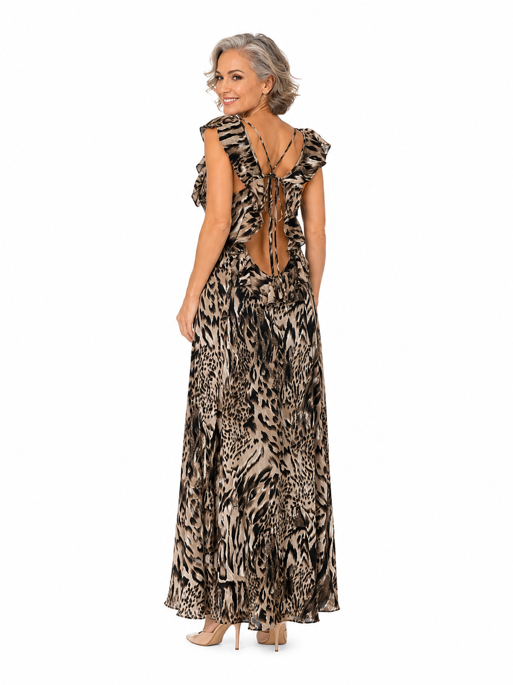 Arriendo de vestido largo animal print de gasa con vuelos