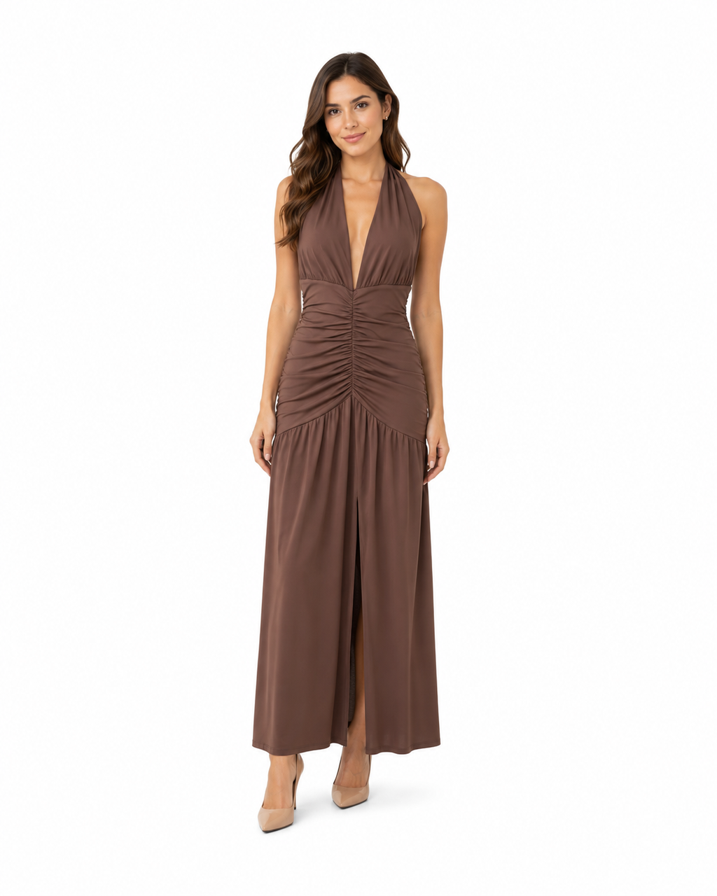 Arriendo de vestido largo café chocolate escote en V espalda descubierta elasticado