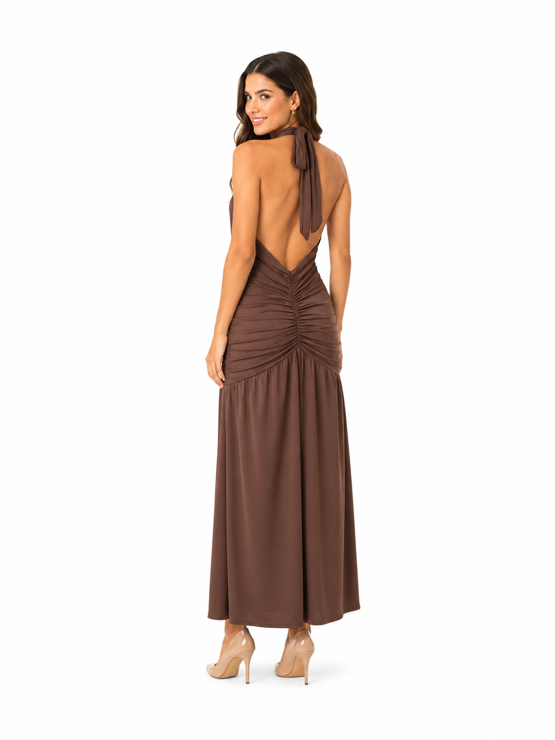 Arriendo de vestido largo café chocolate escote en V espalda descubierta elasticado