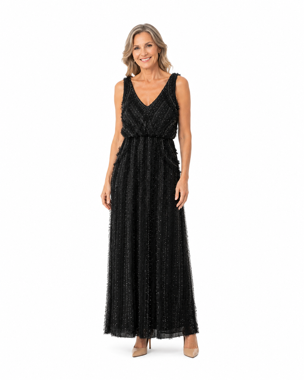 Arriendo de vestido largo negro con lentejuelas