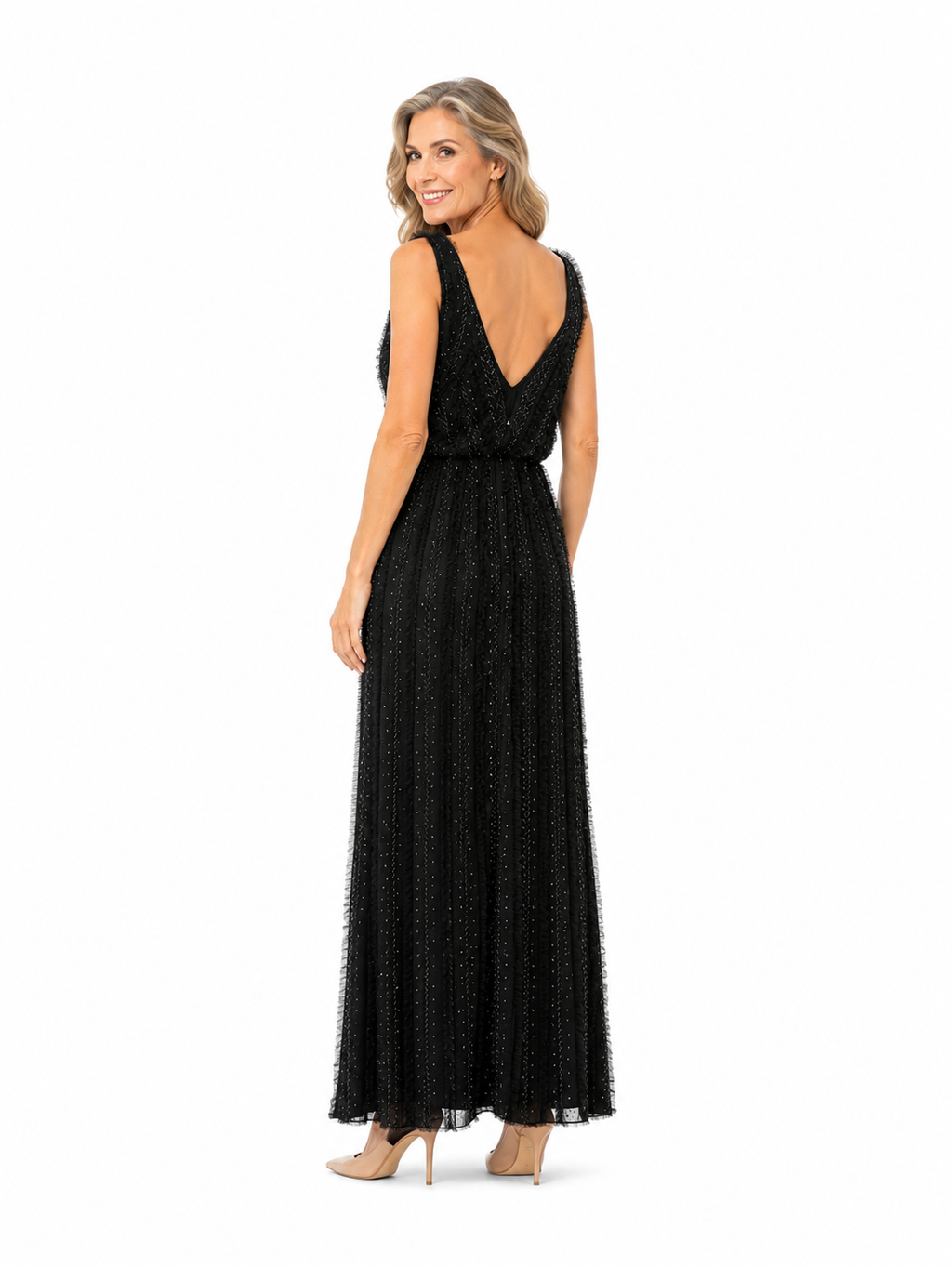 Arriendo de vestido largo negro con lentejuelas
