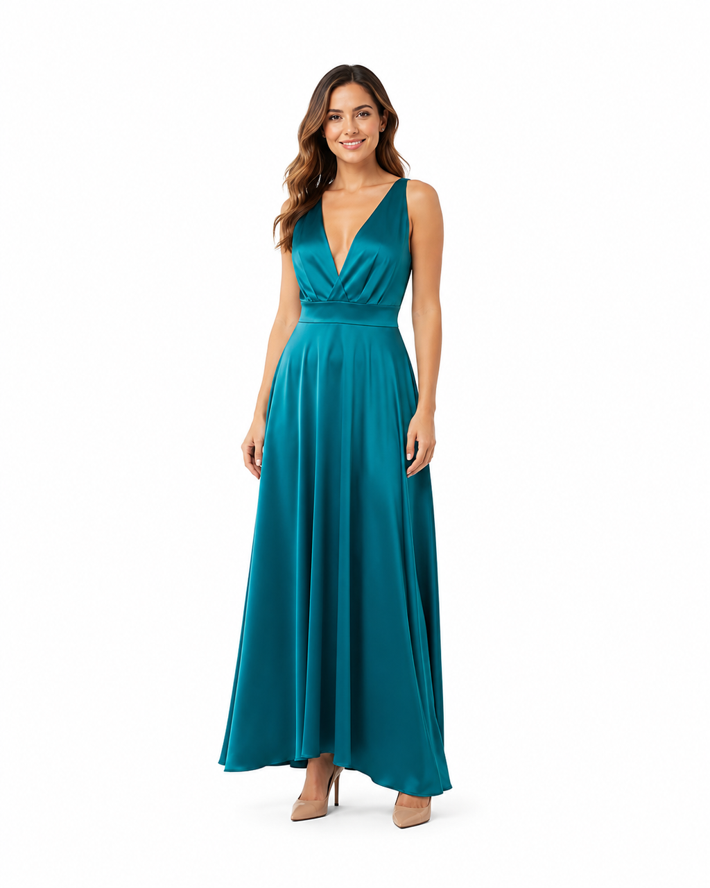 Arriendo de vestido celeste largo espalda cruzada escote en V