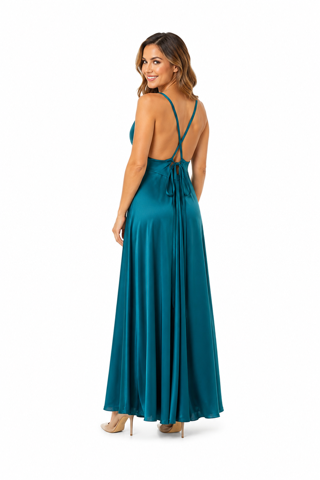 Arriendo de vestido celeste largo espalda cruzada escote en V