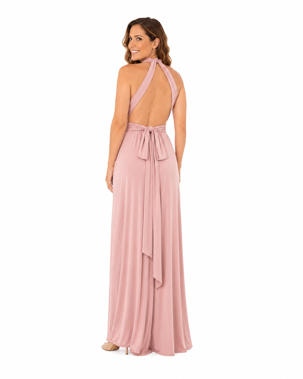Arriendo de vestido largo multiformas palo rosa talla única