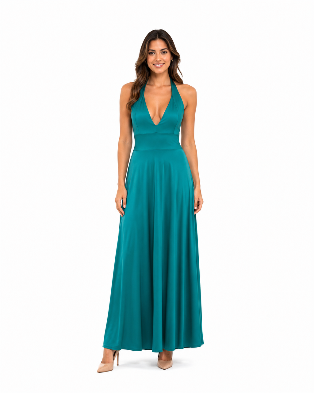Arriendo de vestido largo celeste escote en V espalda descubierta lycra