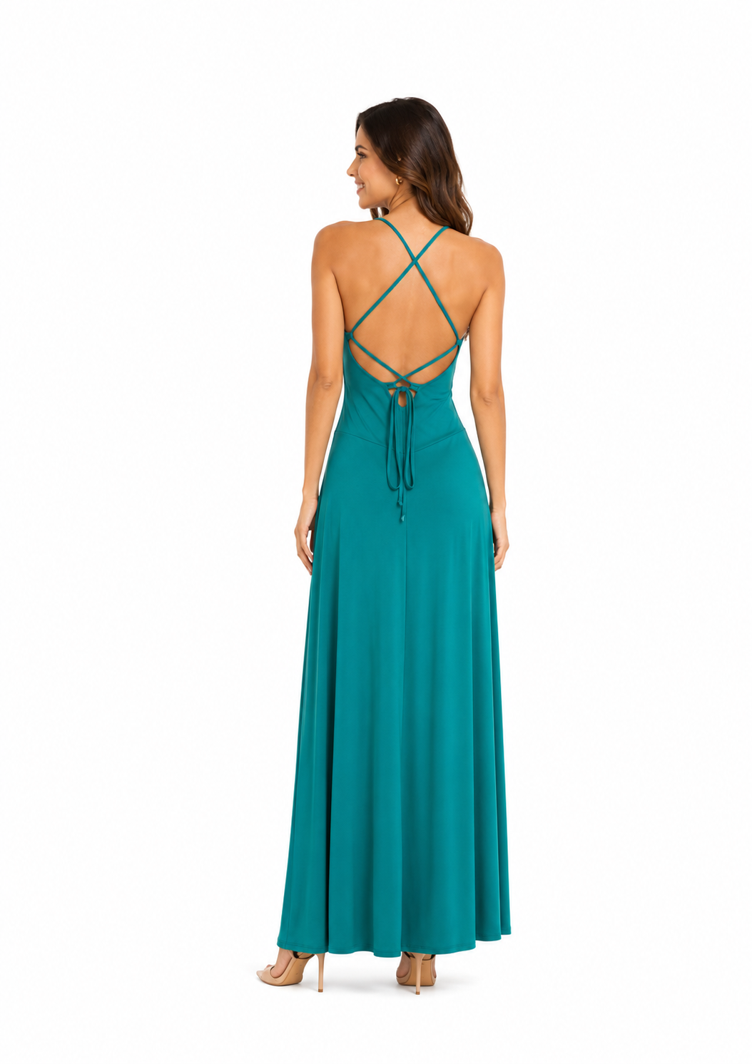 Arriendo de vestido largo celeste escote en V espalda descubierta lycra