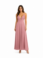 Arriendo de vestido largo rosa espalda cruzada lycra